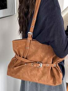 Women's Soft Tote Shoulder Bag, Metal Buckle Belt Decor Adjustable Strap Casual Large Capacity Handbag - Brown - View 5