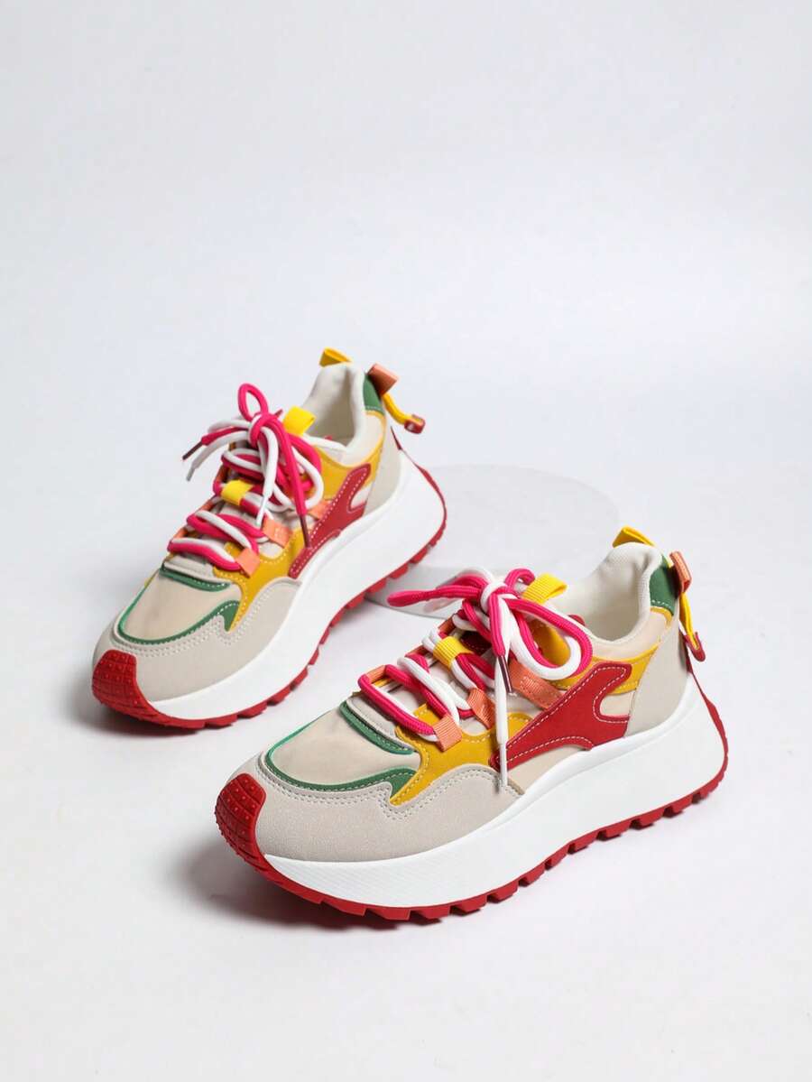 Women's Multi-Color Contrast Patchwork Faux Suede Thick Sole Sneakers, Dual-Color Shoelaces With Contrast Decorative Patches, Thick Sole Retro Casual Shoes - Hot Pink - View 1