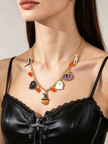 Halloween Fun Pumpkin Ghost Skeleton Bone Pendant Necklace, Dark Style Versatile Holiday Necklace - Style 3 - View 1