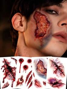 2Sheets Random Style Of Red Y2K Boy And Girl Halloween Scar Tattoo Stickers, Temporary Tattoos, Waterproof And Sweatproof, Simple And Easy To Use - Red - View 2