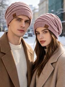 JZML 1pc Letter Decor Soft Knitted Ski Cap With Thermal Lined For Outdoor Halloween Beanie Fall Outfit - Mixed Color - F&S - View 11