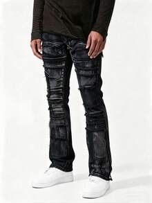YANGCANREN Men's Fashion Slim Fit Embroidered Tassel Flare Jeans - Dark Grey - View 1