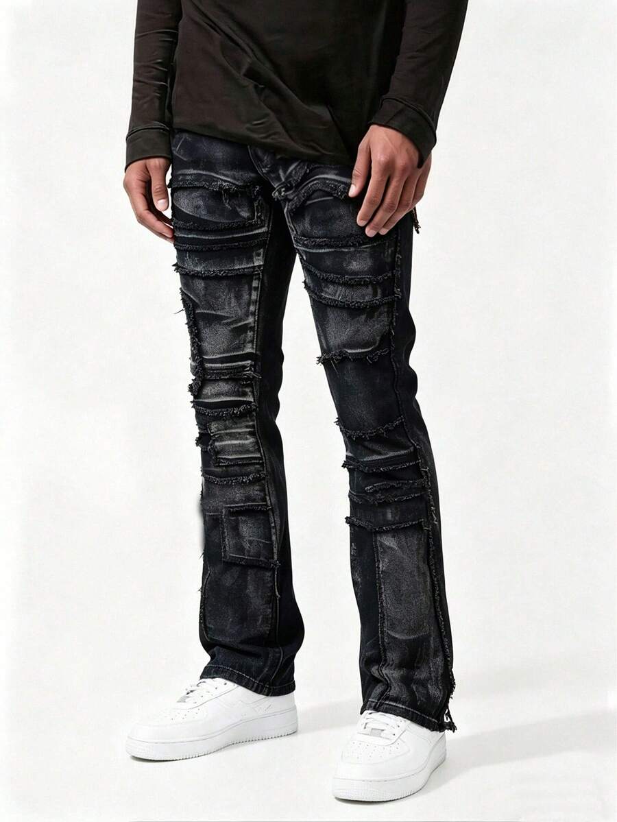 YANGCANREN Men's Fashion Slim Fit Embroidered Tassel Flare Jeans - Dark Grey - View 1