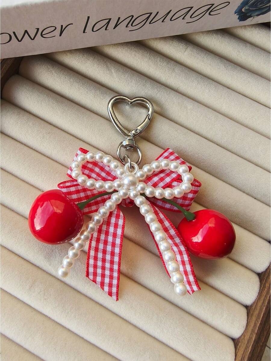 1pc Pearl Bow Resin Cherry Heart Shaped Keychain Key Ring, Fashionable Versatile Gift Choice - Multicolor - View 1
