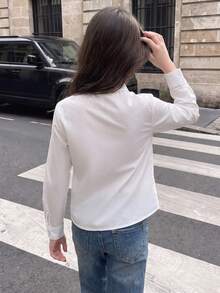 Girls' Urban Elegant Ruffle White Shirt, Napoleon Style Embroidered Button Decor, Fashion New Arrival, Campus Outfit, Back To School Season, All-Season Wear - White - View 3