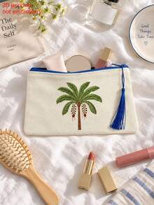Tas Kosmetik Kanvas Beige dengan Resleting, Dicetak dengan Motif Pohon Kelapa, Dilengkapi Rumbai, Dapat Digunakan Sebagai Tas Perlengkapan Mandi, Tas Penyimpanan Perjalanan, Tas Alat Tulis - MultiWarna - View 7