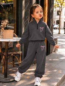 Girls Korean Style Bowknot Sweatshirt Set, Half-Zip High Neck Top + Cuffed Sweatpants 2-Piece Set, Casual Versatile Young Girl Sportswear For Autumn/Winter - Dark Grey - View 5