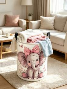[Cute Elephant Storage Basket]Cute Elephant Laundry Basket, Foldable Round Storage Box With Sturdy Handle | Pink Bow And Butterfly, Soft Macaron Cartoon Design, Durable Storage Bin, Suitable For Game Room, Spring Cleaning, Lightweight, Suitable For Bedroom, Bathroom - Multicolor - View 6