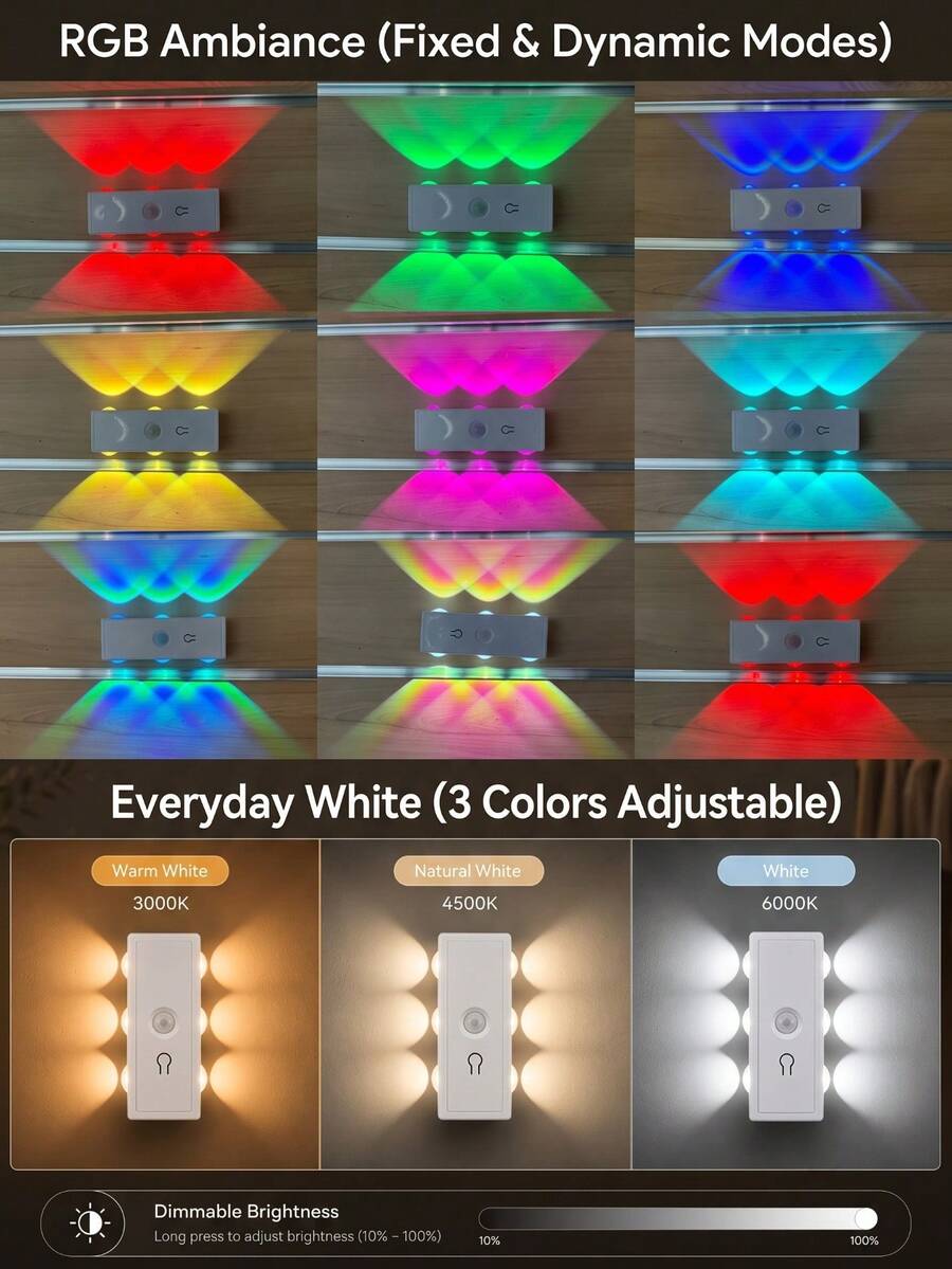 YITUMU 400mAh Rechargeable Smart Motion Sensor Wall Light, 3-Color White + RGB Magnetic Wall Lamp, Bedroom Atmosphere Night Light, Holiday And Party Decoration (1/2/4pcs)