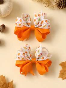 2pcs Orange Thanksgiving Day Hair Clips,Maple Leaf & Nuts Print Bow Hair Clips,Cute Hair Accessories For Girls Gifts Fall Winter Party Daily - Multicolor - View 1