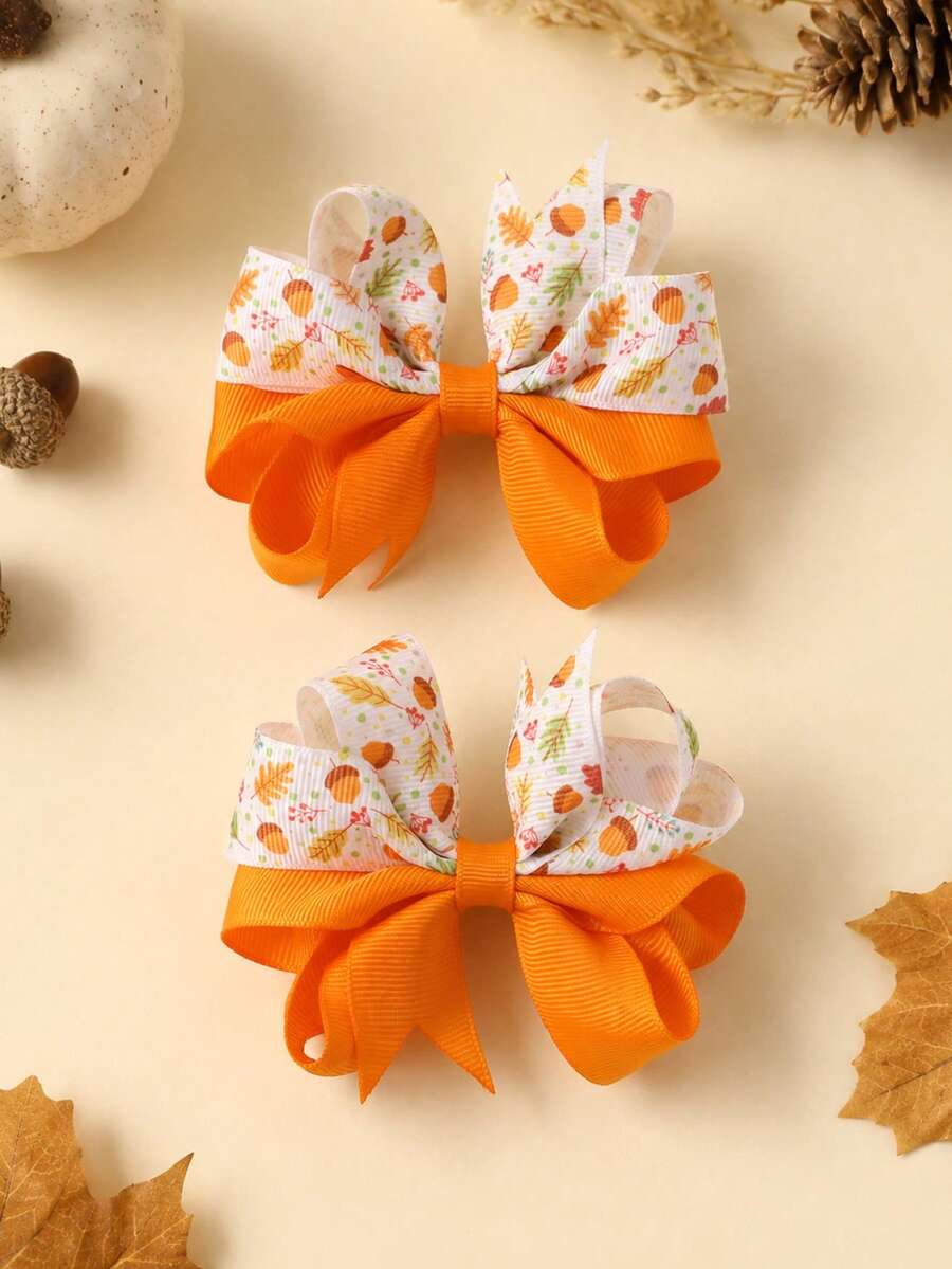 2pcs Orange Thanksgiving Day Hair Clips,Maple Leaf & Nuts Print Bow Hair Clips,Cute Hair Accessories For Girls Gifts Fall Winter Party Daily - Multicolor - View 1