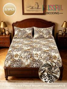 Blissful 2/3pcs Leopard Print Bedding Set, Fresh Style, Suitable For Bedroom, Guest Room, Dormitory (Boy/Girl Dorm Bedding), Set Includes: 1 Elastic Fitted Sheet + 1/2 Pillowcase (Inner Core Not Included) - Multicolor - View 1