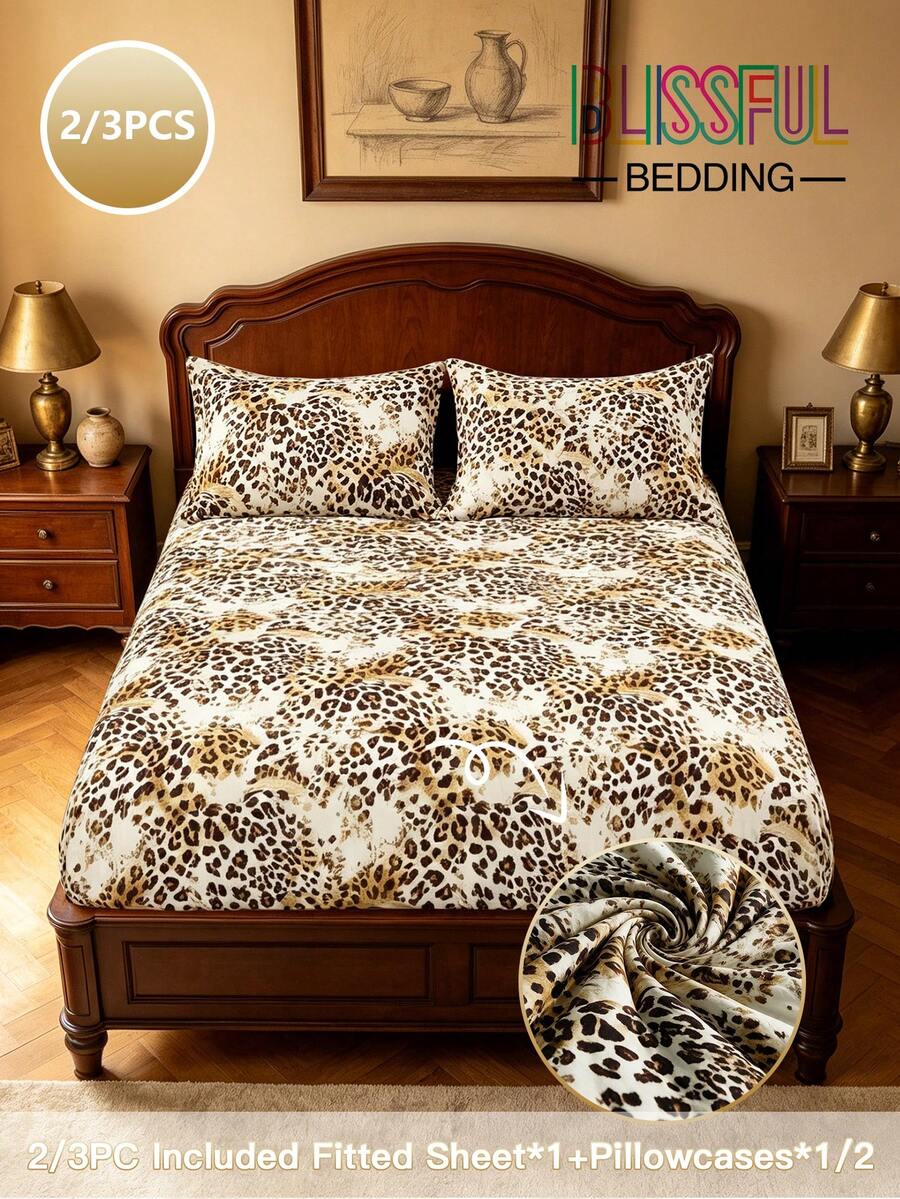 Blissful 2/3pcs Leopard Print Bedding Set, Fresh Style, Suitable For Bedroom, Guest Room, Dormitory (Boy/Girl Dorm Bedding), Set Includes: 1 Elastic Fitted Sheet + 1/2 Pillowcase (Inner Core Not Included) - Multicolor - View 1