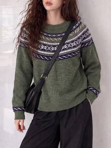 Women's New Autumn/Winter Vintage Pattern Crew Neck Pullover Sweater - Green - View 3