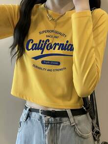 American Retro California Letter Short Long Sleeve T-Shirt Women Slim Fit Cropped Waist Top Early Autumn - Yellow - View 1
