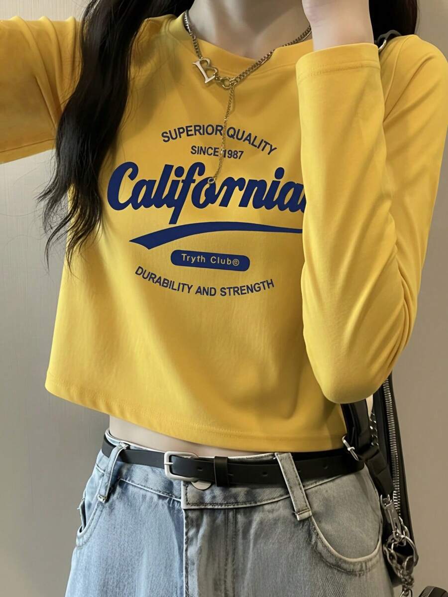 American Retro California Letter Short Long Sleeve T-Shirt Women Slim Fit Cropped Waist Top Early Autumn - Yellow - View 1