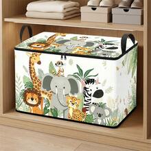 1pc Jungle Safari Animal Storage Box, Elephant Giraffe Lion Zebra Koala Pattern Foldable Storage Bin With Zipper & Handles, Large Fabric Storage Organizer For Clothes Bedding Home Decor - Multicolor - View 6