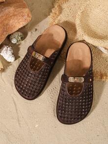 HGUIGJ Summer New Women's Mule Shoes Closed Toe Hollow Lock Design Thick Sole Beach Vacation Casual Style Slip-On Sandals Suitable For Travel Daily Commute - Coffee Brown - View 4