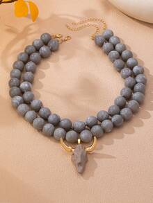 OABE 2pcs/Set Western Cowboy Style Grey Spherical Bead Necklace Set With Grey Bull Head Pendant, Suitable For Women's Daily Wear - Grey - View 5