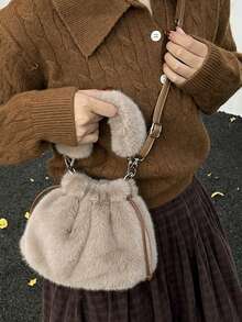 Handbag. Gentle Drawstring Closure Small Bag, Unique Plush Handheld Design, Detachable Hook Structure, Drawstring Opening For Easy Access To Items, Compact And Lightweight Body, Soft And Eye-Catching Style, Easily Create An Atmospheric Outfit. - Khaki - View 6