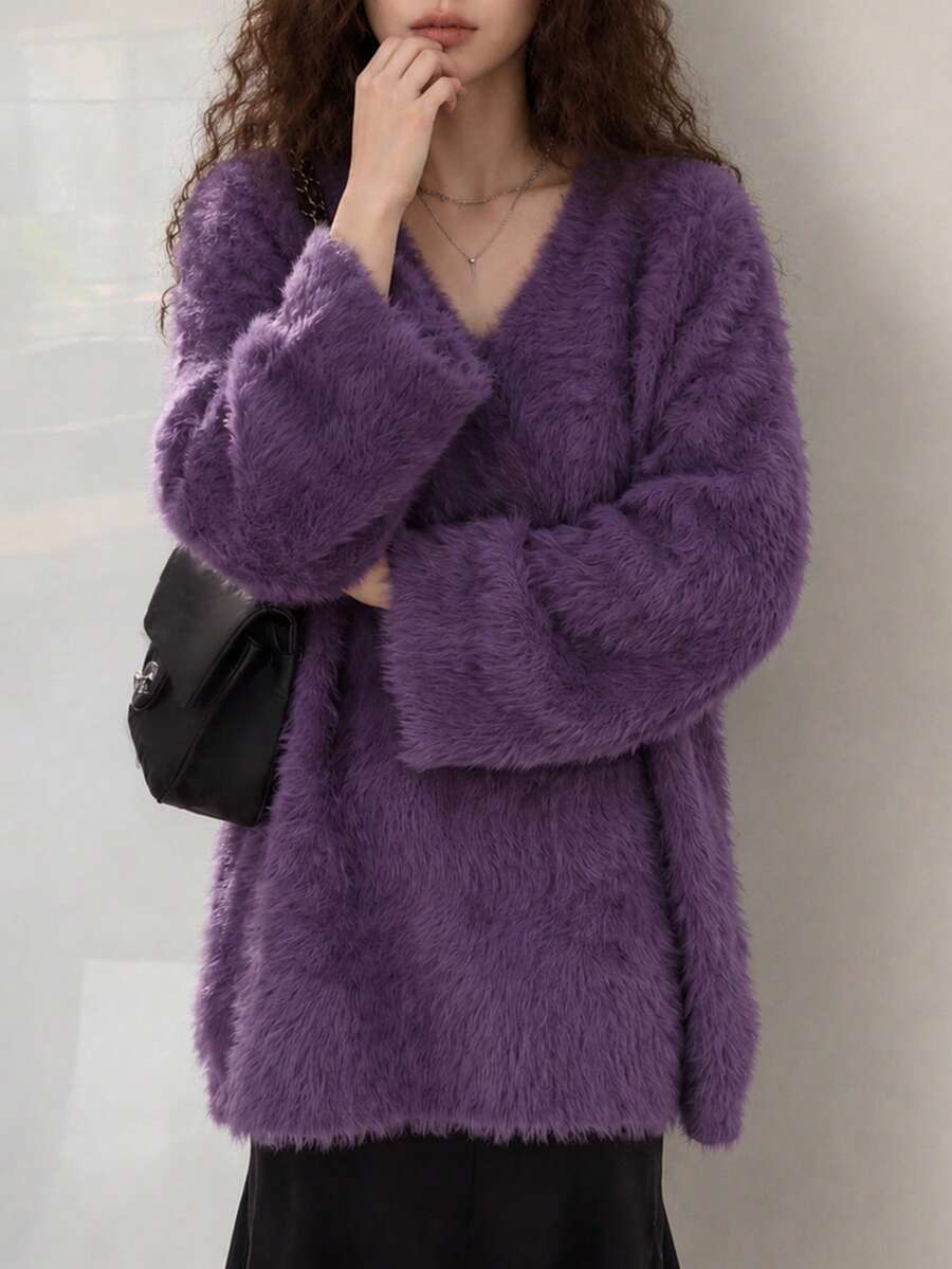 Women's Purple Casual Lazy Fluffy Knit Pullover Sweater, Long Sleeve, Comfortable & Warm, Regular Fit, Suitable For Winter Wear - Purple - View 1