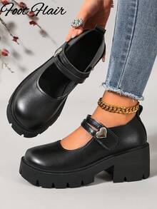 Foot Flair 女款厚底踝帶經典舒適瑪麗珍鞋，尺寸 35-43 - 霧面黑色心形扣 - 查看 5