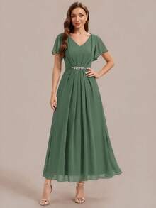 EVERPRETTY Fall Women's Elegant Romantic V-Neck Short Sleeve Ruffle Sleeve Chiffon Mother Of The Bride Dress Green Evening Dress For Wedding - Green - View 3