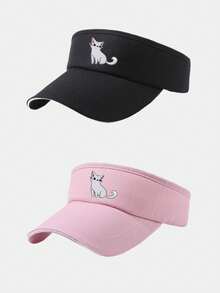 1/2件女款貓咪刺繡鏤空頂陽光帽，夏季防紫外線寬簷馬尾帽，透氣可調節戶外運動帽 - 彩色 - 查看 18