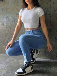 Women's Casual High Waist Slim Fit Distressed Denim Jeans, Mid-Stretch Long Pants, Versatile For Daily Wear - Light Wash - View 5