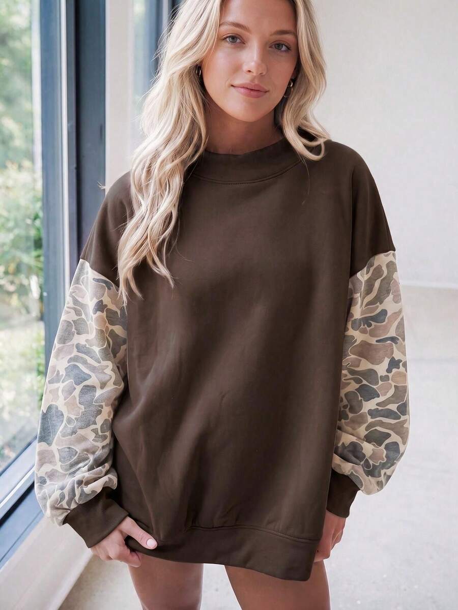 Acelitt Autumn/Winter Casual Crew Neck Loose Camouflage Patchwork Sweatshirt, Soft Fleece Fabric, Suitable For Daily Streetwear - Coffee Brown - View 1