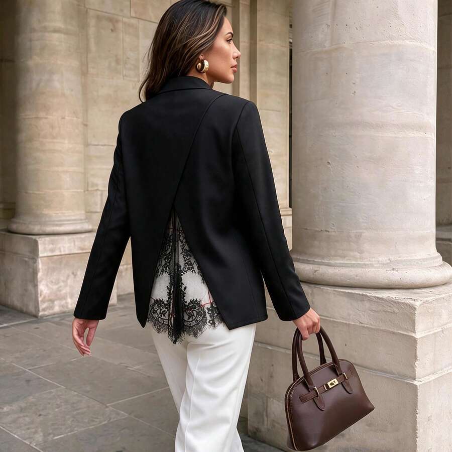 Women's Niche Sophisticated Style Back Slit Lace Patchwork Blazer Luxury High-End Loose Commute Suit Jacket Spring Autumn - Black - View 1