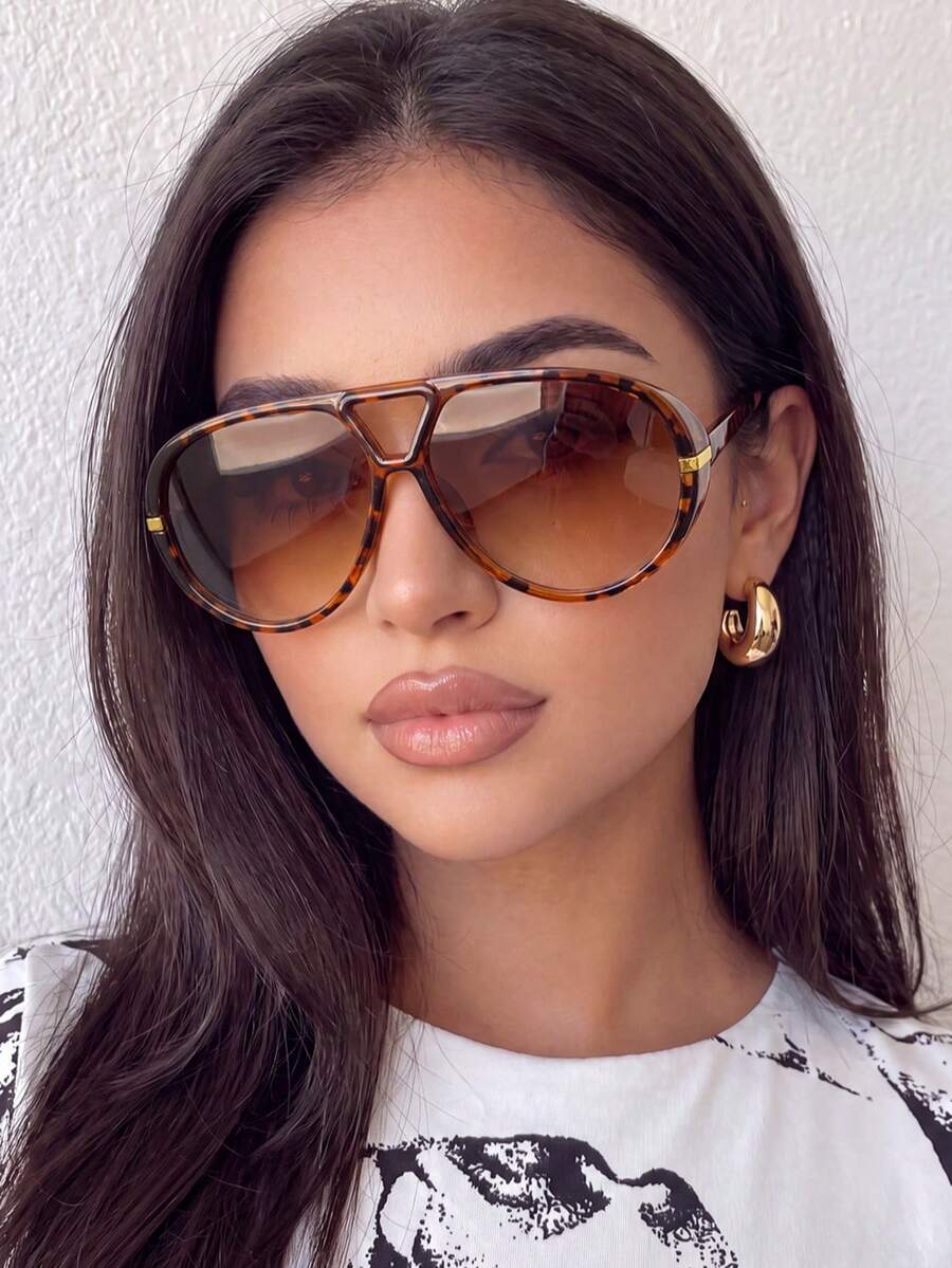 1 Pair Women's Leopard Print Brown Large Frame Double Bridge Round Glasses, Suitable For All Seasons, Perfect For Street Photography, Outfit, Vacation, Travel, Ideal Fashion Accessory - Leopard Print - View 1