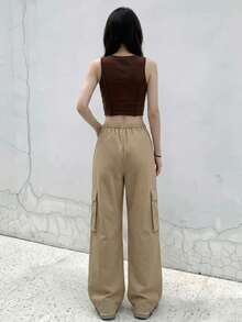 Women High Waist Multi Flap Pocket Wide Leg Cargo Pants, Solid Loose Drawstring Hem Streetwear Trousers,Halloween - Apricot - View 6