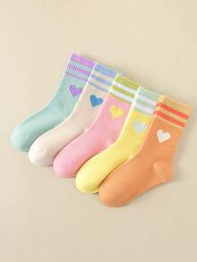 5 Pairs Cute Sweet Colorful Heart-Themed Mid-Calf Socks, Sporty Casual Style, Versatile Fashionable Design Suitable For All Seasons, Soft Comfortable Breathable Non-Stuffy, Specially Designed For Students, Perfect For Daily Wear - Multicolor - View 7
