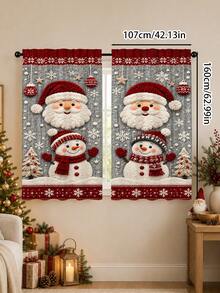 2Pcs Santa Claus & Snowman Christmas Snowflake Pattern Printed Semi-Sheer Rod Pocket Holiday Window Curtains, Cute Cartoon Design, Suitable For Living Room And Bedroom, Rod Not Included, Machine Washable - C - View 13