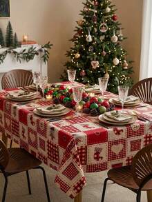 1pc Red And White Classic Patchwork Plaid Christmas Print Tablecloth, Traditional Country Style, Round Stain-Resistant Protective Table Cover, Functional Outdoor Decorative Tablecloth For Outdoor Patio, Winter Holiday Gathering Scenes - Red - View 3