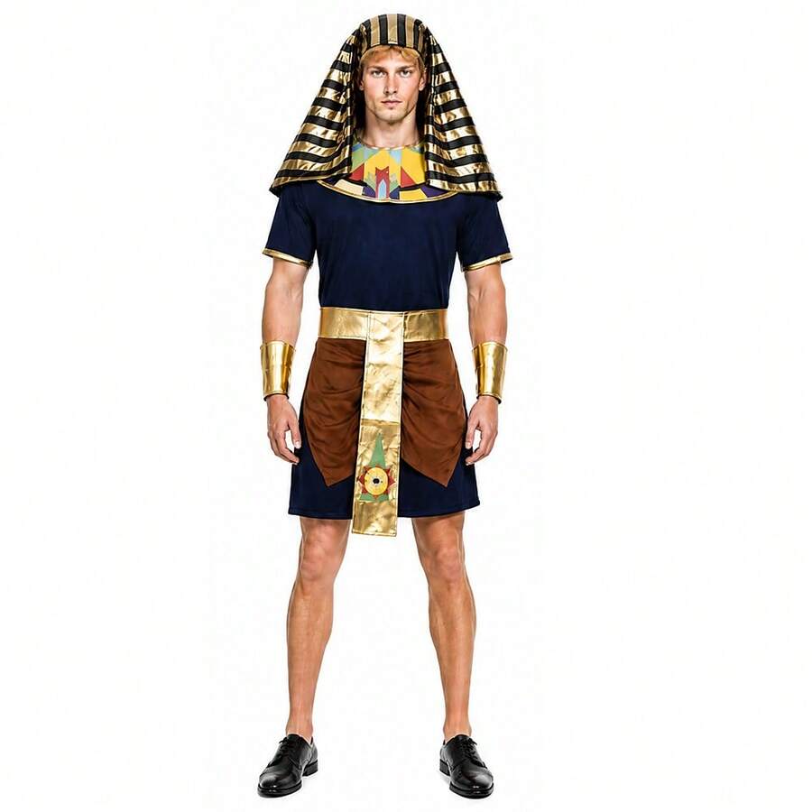زي تنكري هالوين للبالغين بتصميم فرعون مصري قديم للرجال، طقم ملك مصري قديم مع مكياج، لحفلات التنكر والعروض والأداء