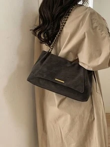 Solid Color Flap Chain Shoulder Bag, Fashionable Soft Crossbody Bag, Suitable For Girls And Women - Coffee - View 5