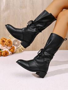 Women's Faux Soft Leather Tall Boots, Round Toe Flat Heel Front Lace-Up Design Ruched Shaft Black Straight Leg Fashion Boots - Black - View 2