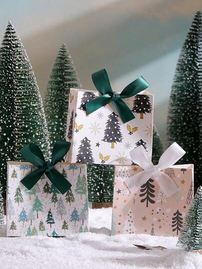 20pcs Christmas Tree Gift Boxes, With White And Green Ribbons, Merry Christmas Shiny Gift Boxes, Christmas Party Packaging Boxes, Happy New Year Gift Boxes, Christmas