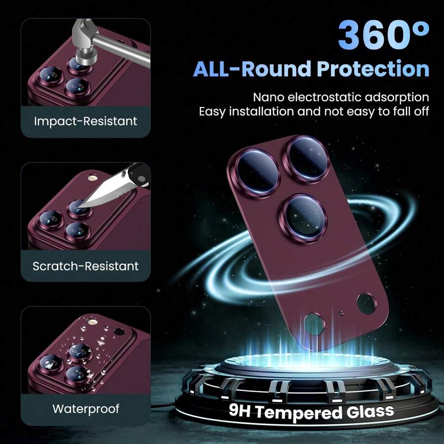 Yezodawee Camera Lens Protector Compatible With Apple 18 Pro Max/17 Pro, Made Of Premium Tempered Metal Glass, Compatible With Phone Cases, Specifically Designed For Camera Cutouts, Anti-Scratch And Anti-Dust Features, Full Coverage Protective Layer To Resist Scratches And Impacts - Deep Cherry Red - View 1
