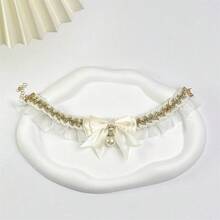 1pc Cute Faux Pearl Bow Tie Cat Collar, Pet Scarf Neckband Bib,Knitted Collar Accessory, Adorable For Dogs Photos - White - View 3