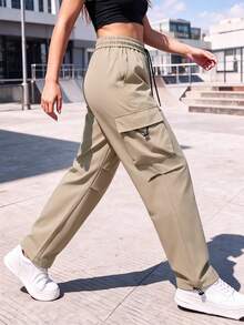Women's Y2K Cargo Pants, Elastic Waist Wide Leg Sweatpants With Side Pockets, Adjustable Cuffs, Streetwear Style Solid Color Casual Straight Leg Pants, Joggers - Khaki - View 10