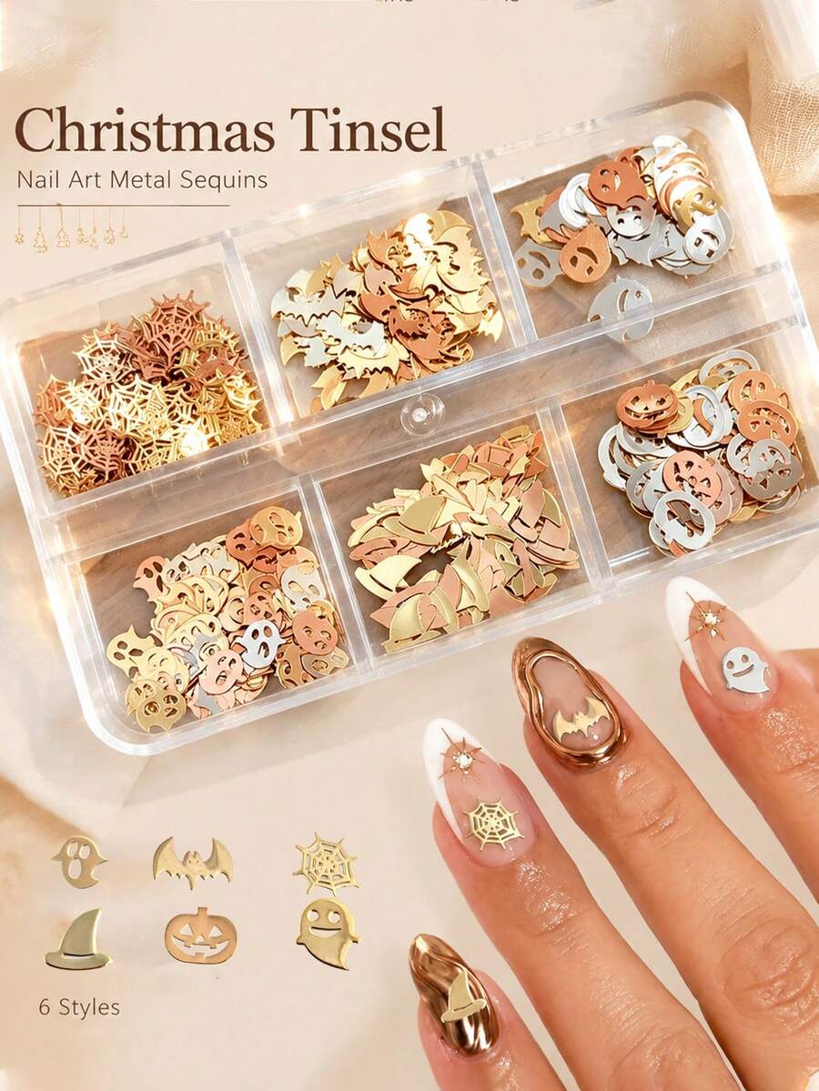 Fall Halloween Metal Nail Charms 6 Grids Box Ghost Pumpkin Bat DIY Nail Decorations - Gold - View 1