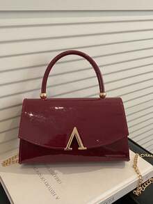Wine Red Patent Leather Top Handle Bag, Women A‑Shape Metal Buckle Flap Chain Crossbody Shoulder Purse - Burgundy - View 4
