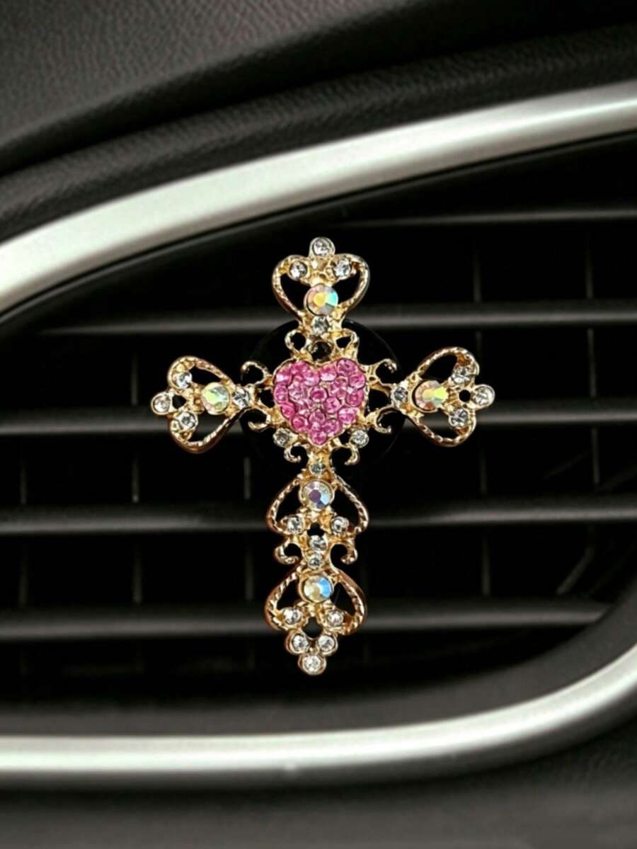 1pc Rhinestone Heart-Shaped Car Air Vent Perfume Bottle With Gold Rhinestone Cross Decoration - A - View 1
