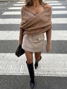 Sylvia Spring Autumn Winter Cross V-Neck Fitted Reversible Long Sleeve Knit Sweater, Sexy Hot Girl Style, Street Date Music Festival Fall - Khaki - View 1