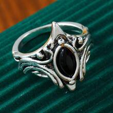 1pc Vintage Boho Style God's Eye Embellished Finger Ring, Minimalist Design Black Ring - Antique Silver - View 3