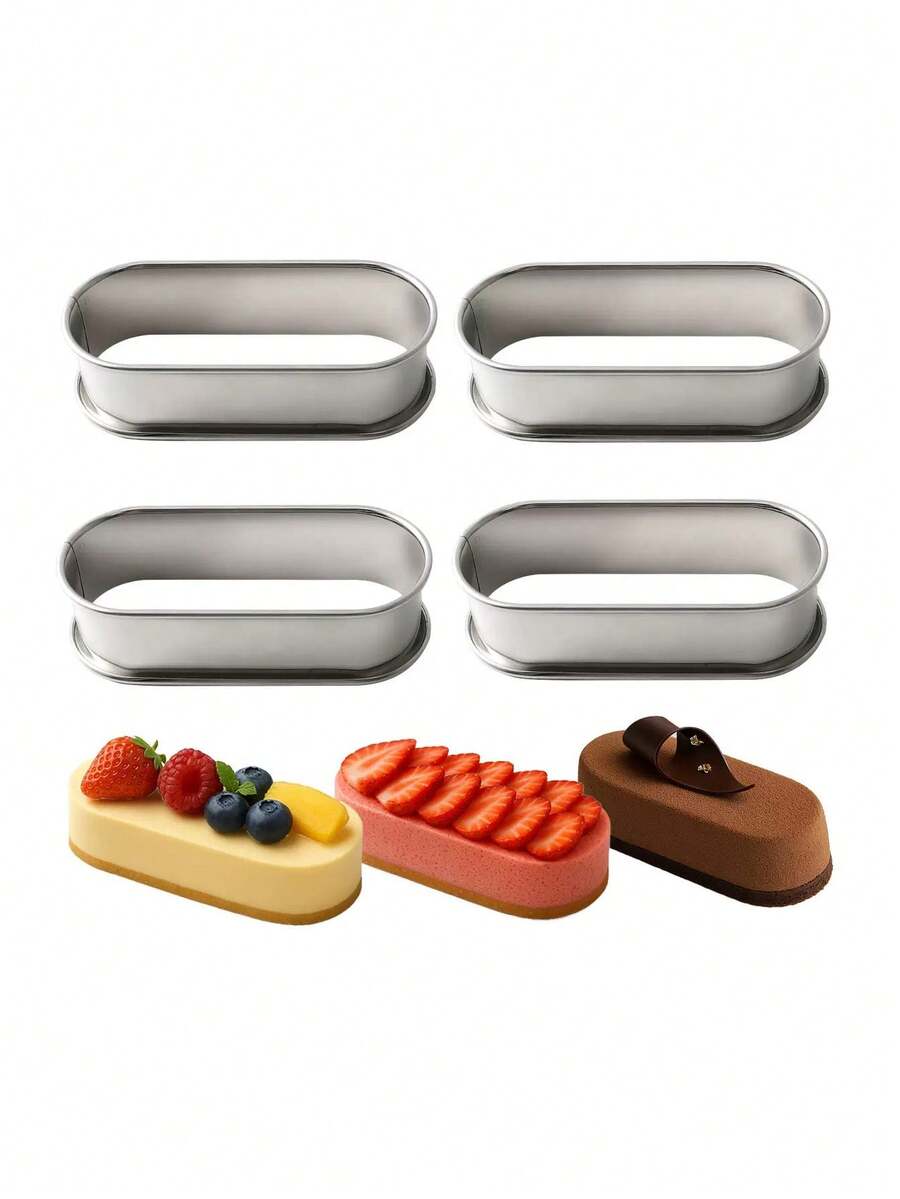 2pcs Double Rim Stainless Steel Oval Cake Mold, Meat Patty Baking Mold, Mousse Shaping Chocolate Basque Cake Mold, Japanese Mini Cheesecake Cream Mold - View 1