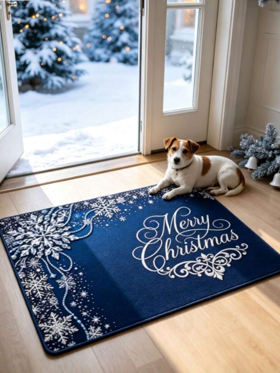1pc Blue Crystal Merry Christmas Door Mat, Small Rug, Welcome Mat, Carpet, Floor Mat, Outdoor Door Mat, Kitchen Rug, Home Decor, Front Door Mat, Area Rug, Outdoor Mat, Home Decor, Area Carpet, Garden Rug, Washable Carpet - Multicolor - View 1